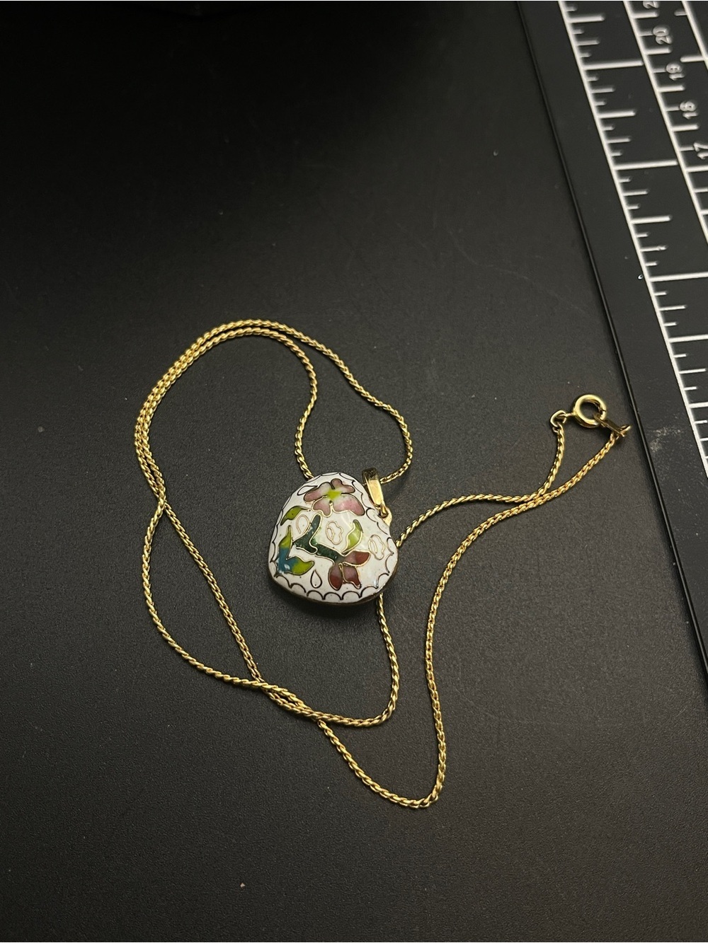 Vintage Cloisonne Puffy Heart Necklace Floral Enamel Signed SC 18” - Picture 2 of 16